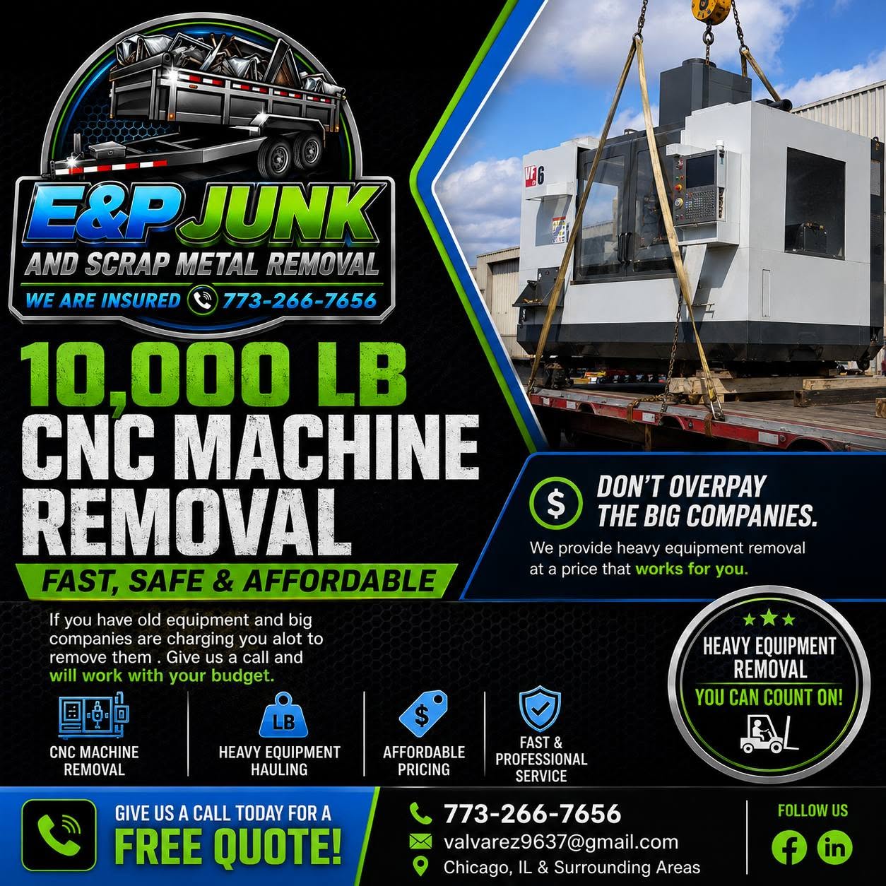 E&P service graphic: 10,000 lb CNC machine removal