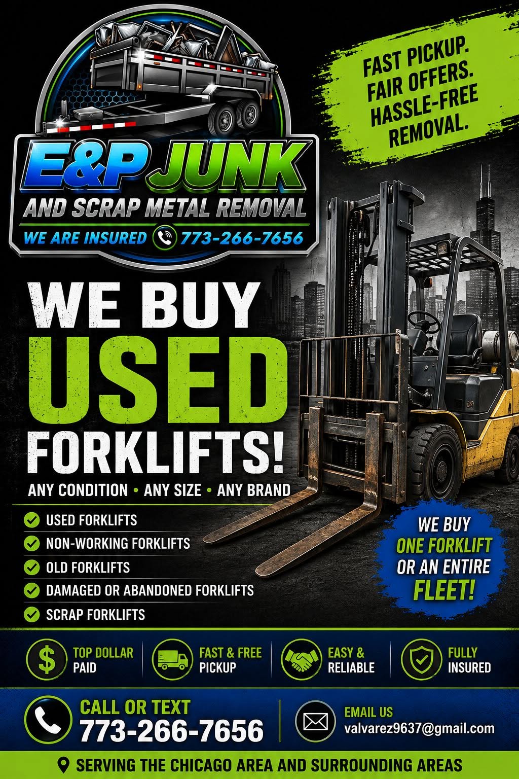 E&P service graphic: we buy used forklifts, running or not